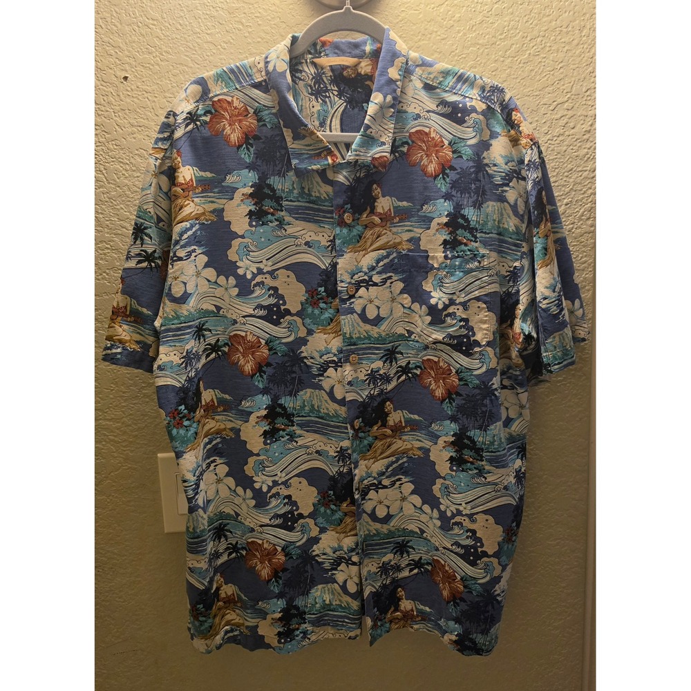 Paradise Collection Mens XXL Silk Hawaiian Shirt Hula Girl Ukulele Tropical Blue